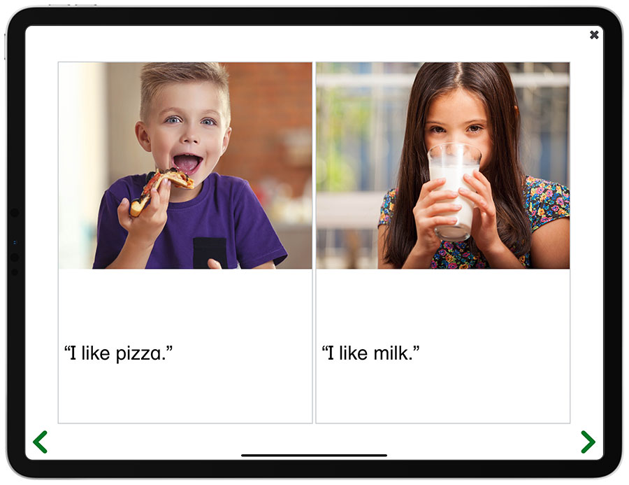 A screenshot of the Reading Books activity in See and Learn Sentences 1 app edition for iPads