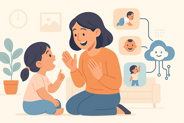 An illustration of a child learning to say sounds connected to observations of development.